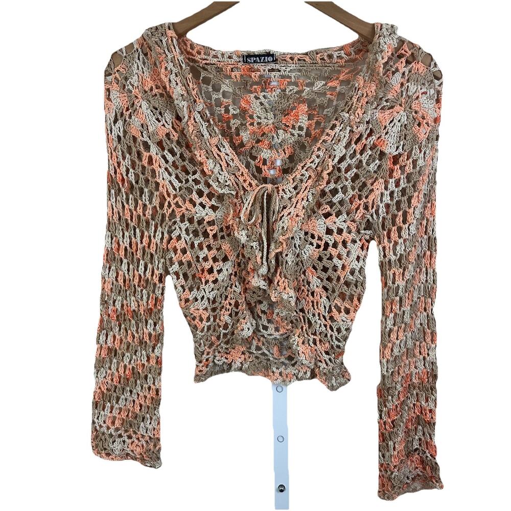 Vintage 90s Y2K Crochet Cardigan Tie Beach Boho Cowgirl Bell Sleeve Tie Spazio